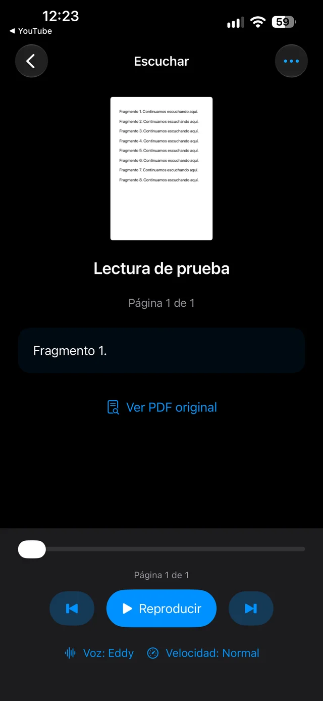 Reproductor de Vozia en el iPhone, con un PDF de prueba y el botón Reproducir.